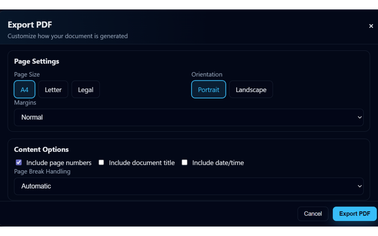 Export Options Modal